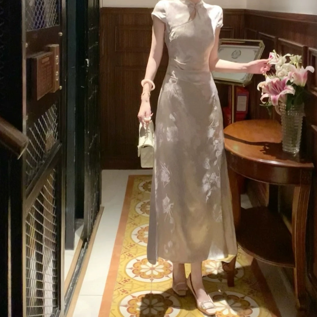 Purple Jacquard Chinese-Inspired Cheongsam Dress