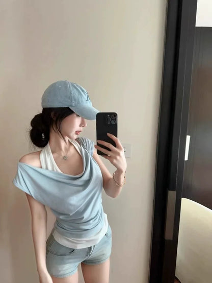 Blue Fake Two-Piece Subculture Y2K E-girl Light Subculture American Retro Fake Two-Piece Short Sleeve Top
