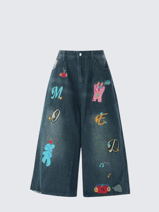 Cartoon Embroidered Denim Pants