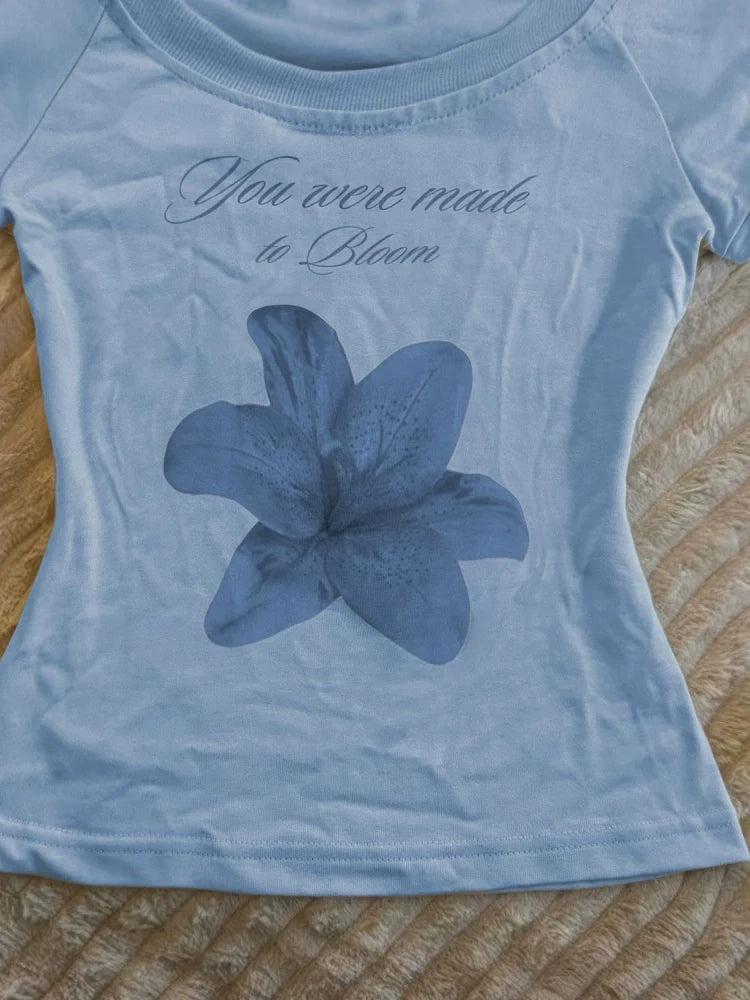 Blue Vintage Print Cropped Slim Y2K T-Shirt