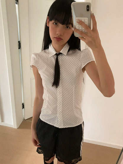 Y2K Star & Polka Dot Polo Shirt White Fitted Summer Top