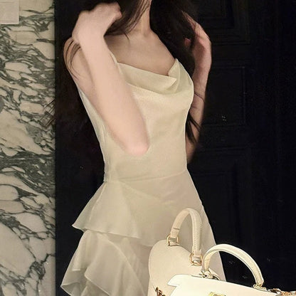 French Asymmetrical Spaghetti Strap Ruffle Gown Dress