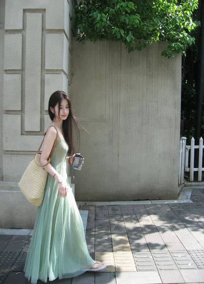 Green Mesh Two-Piece Camisole Maxi Dress