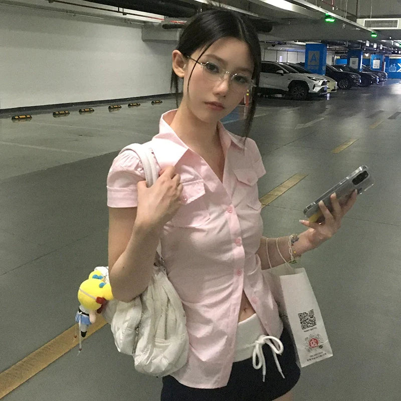 Korean Fitted Pink Short Sleeve Shirt Slim Waist Feminine Blouse