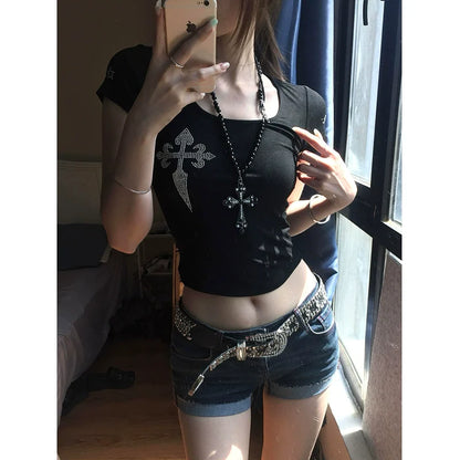 Retro Black Cross Rhinestone Tee