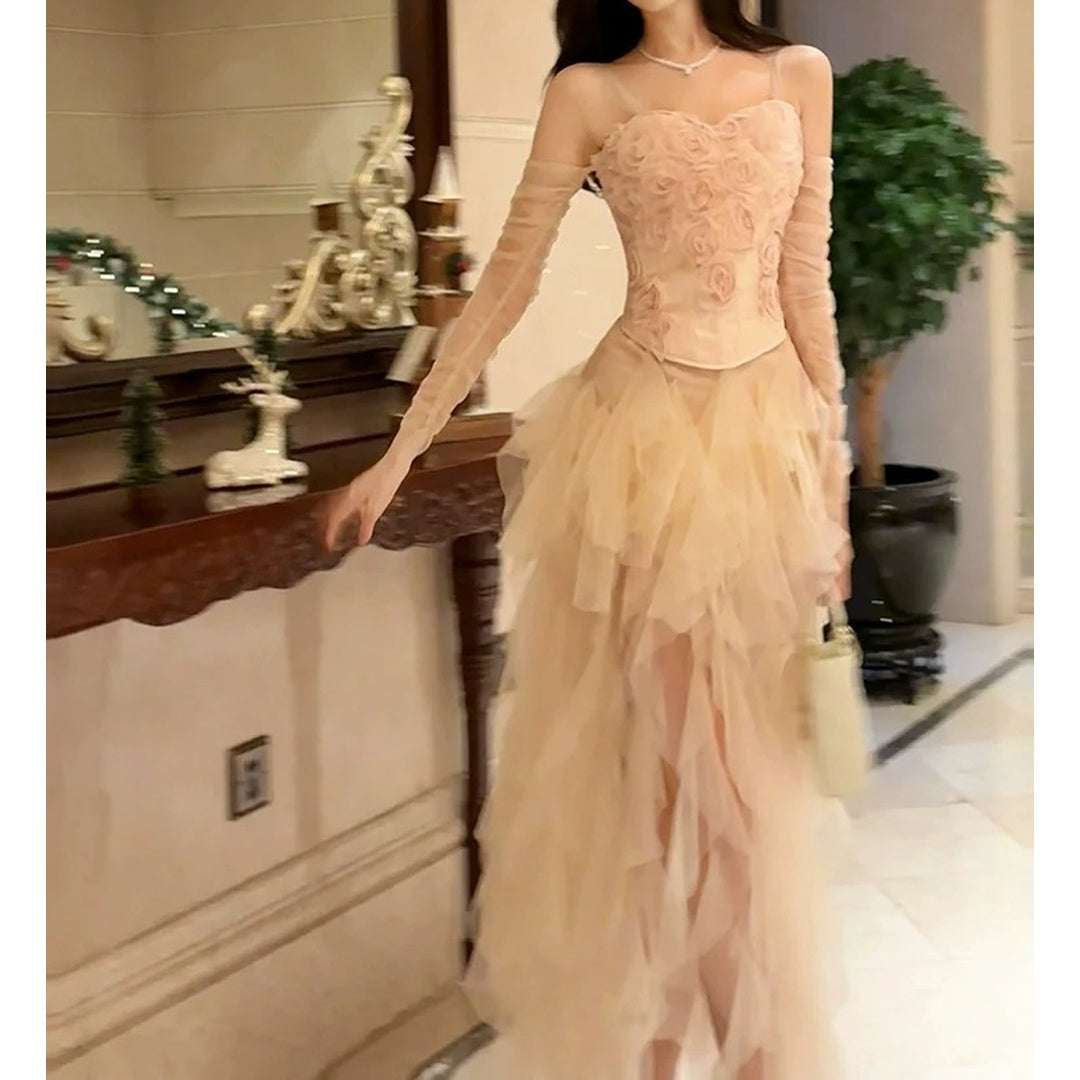 Luxury Pink Rose Tulle Two-Piece Gown Dress