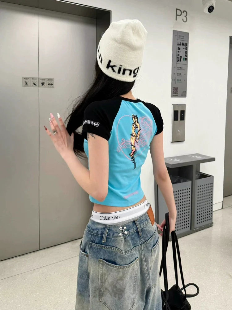 Retro Raglan Letter Print Crop Top Slim Fit Y2K Top
