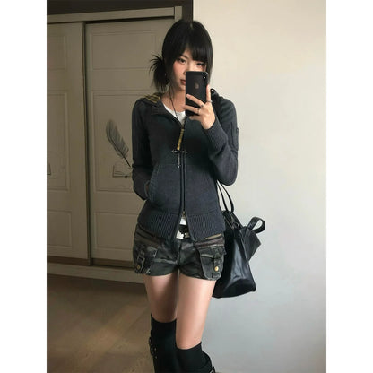 Vintage Plaid Hooded Knit Cardigan for Early Autumn