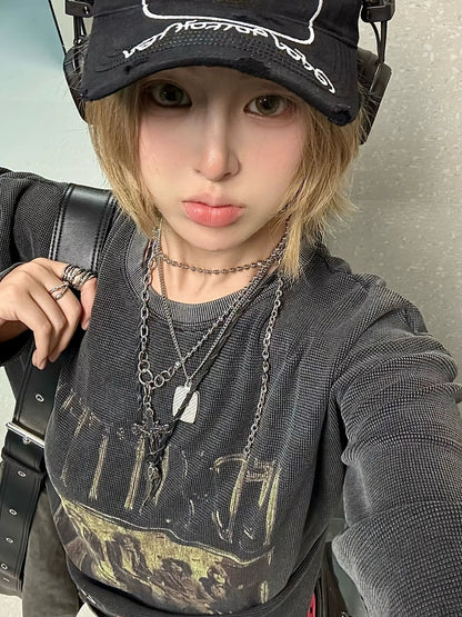 American Vintage Waffle Long Sleeve Tee Heavy Washed Retro Top