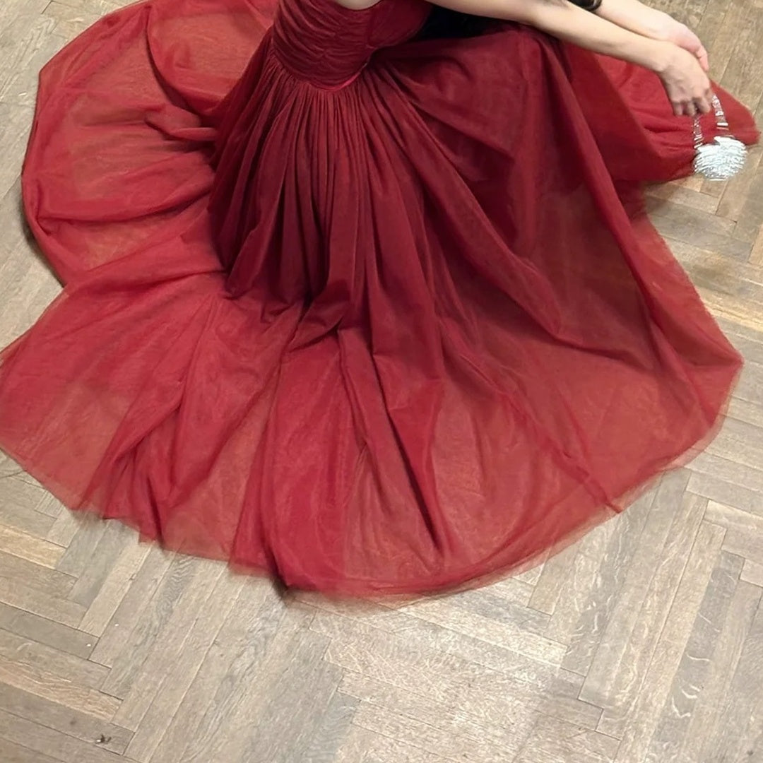French Ballet Red Mesh Spaghetti Strap Gown Dress