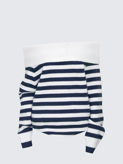 Korean Striped Collar Off-Shoulder Knit