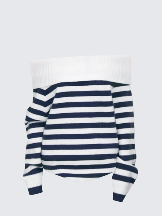 Korean Striped Collar Off-Shoulder Knit