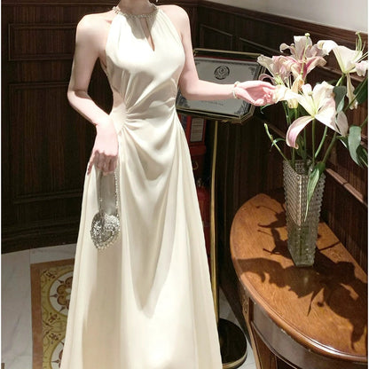 Satin Halter Neck Gown with Rhinestone Prom Dress