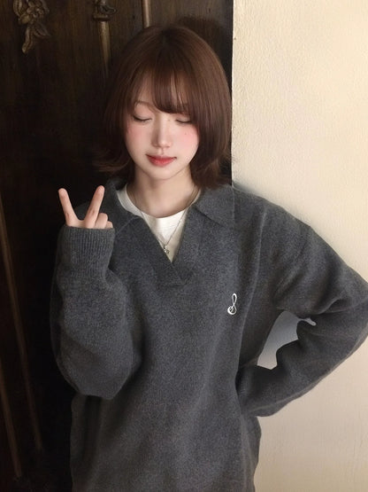 Korean Lazy V-Neck Embroidered Sweater Autumn-Winter Vintage Knit Pullover Loose Fit Top