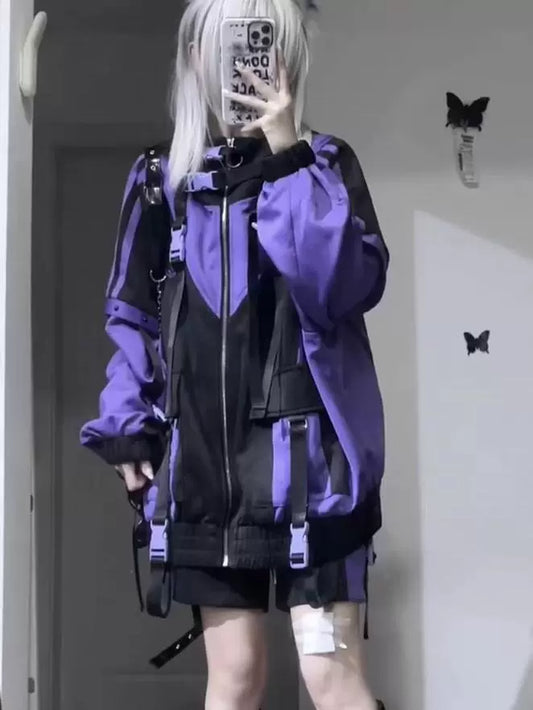 Black & Purple Hooded Subculture Y2K Japanese Anime Mass-Produced Style Sporty Jacket (Autumn)