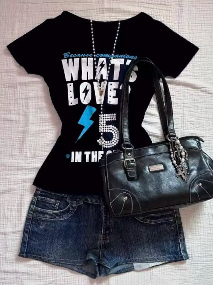 Black Subculture Y2K E-girl Abi American Retro Letter Print Slim Light Subculture Short Sleeve Top