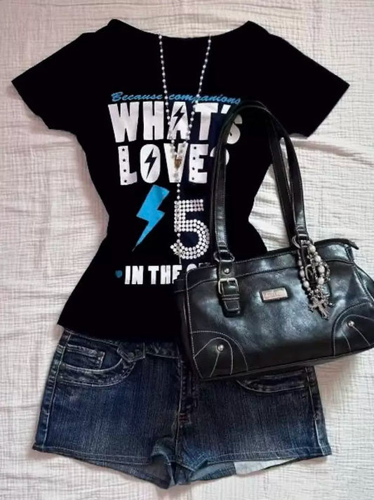 Black Subculture Y2K E-girl Abi American Retro Letter Print Slim Light Subculture Short Sleeve Top