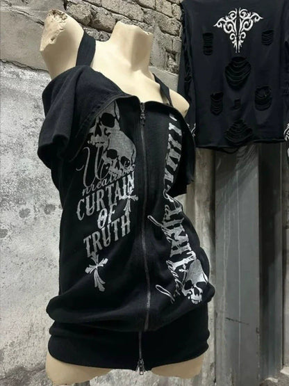 Black Subculture Rock Punk Y2K E-girl Abi American Retro One-Shoulder Short Sleeve Top