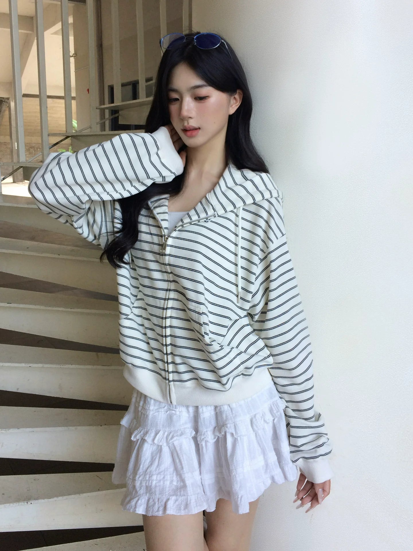 Korean Lazy Chic Striped Hoodie Cropped Zip-Up Sweatshirt