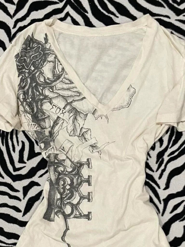 White Subculture Rock Punk Y2K Abi E-girl American Retro V-neck Print Short Sleeve Top