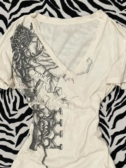 White Subculture Rock Punk Y2K Abi E-girl American Retro V-neck Print Short Sleeve Top