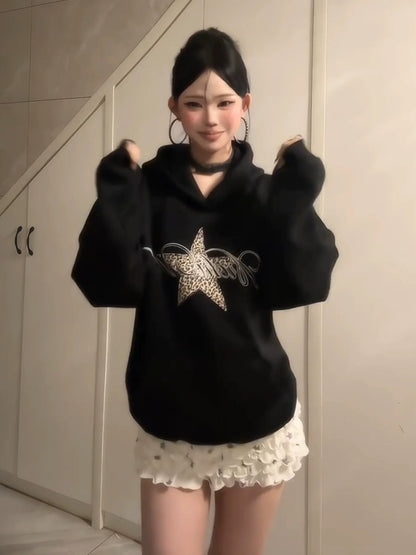 Heavyweight Black Leopard Star Hoodie Oversized Top