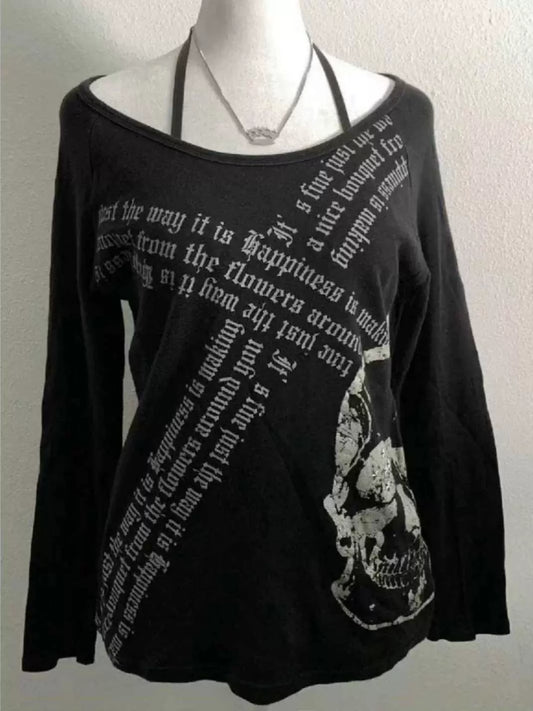 Black Subculture Gothic Rock Punk Y2K E-girl Skull Print Oversized Long Sleeve Top