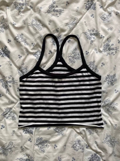 Black Striped V Neck Letter Tee and Cami Y2K Two Pieces Top Set
