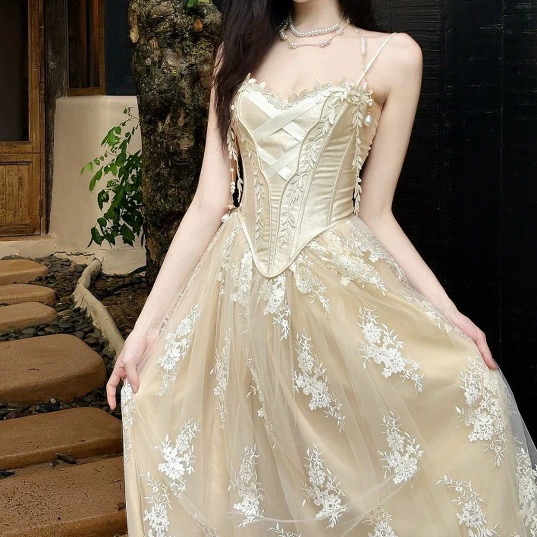 French Lace Embroidered Mesh Gown Dress