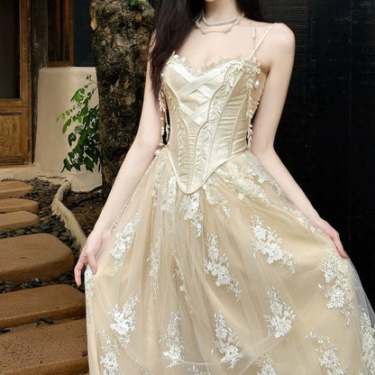 French Lace Embroidered Mesh Gown Dress