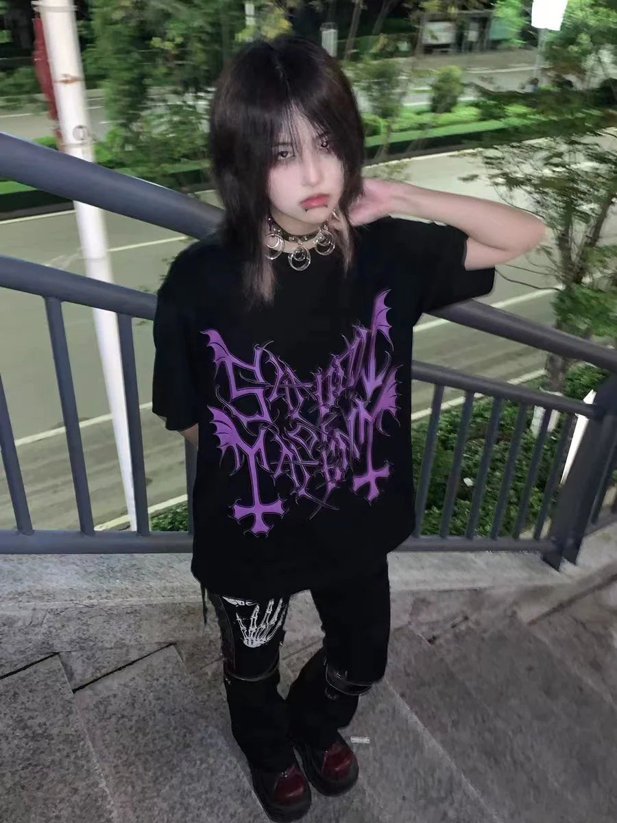 Black Subculture Dark Rock Punk Y2K E-girl Letter Print Niche Oversized Short Sleeve Top