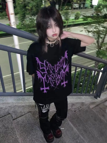 Black Subculture Dark Rock Punk Y2K E-girl Letter Print Niche Oversized Short Sleeve Top