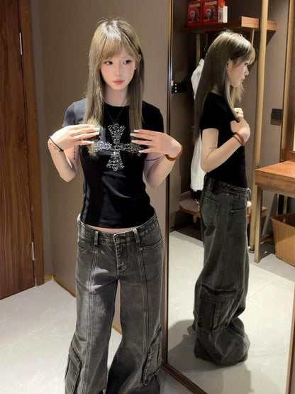 Retro Cross Print Black Tee Slim Fit Hot-Girl Vintage Top