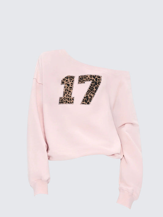 Pink Leopard Off Shoulder Patch Sweatshirt