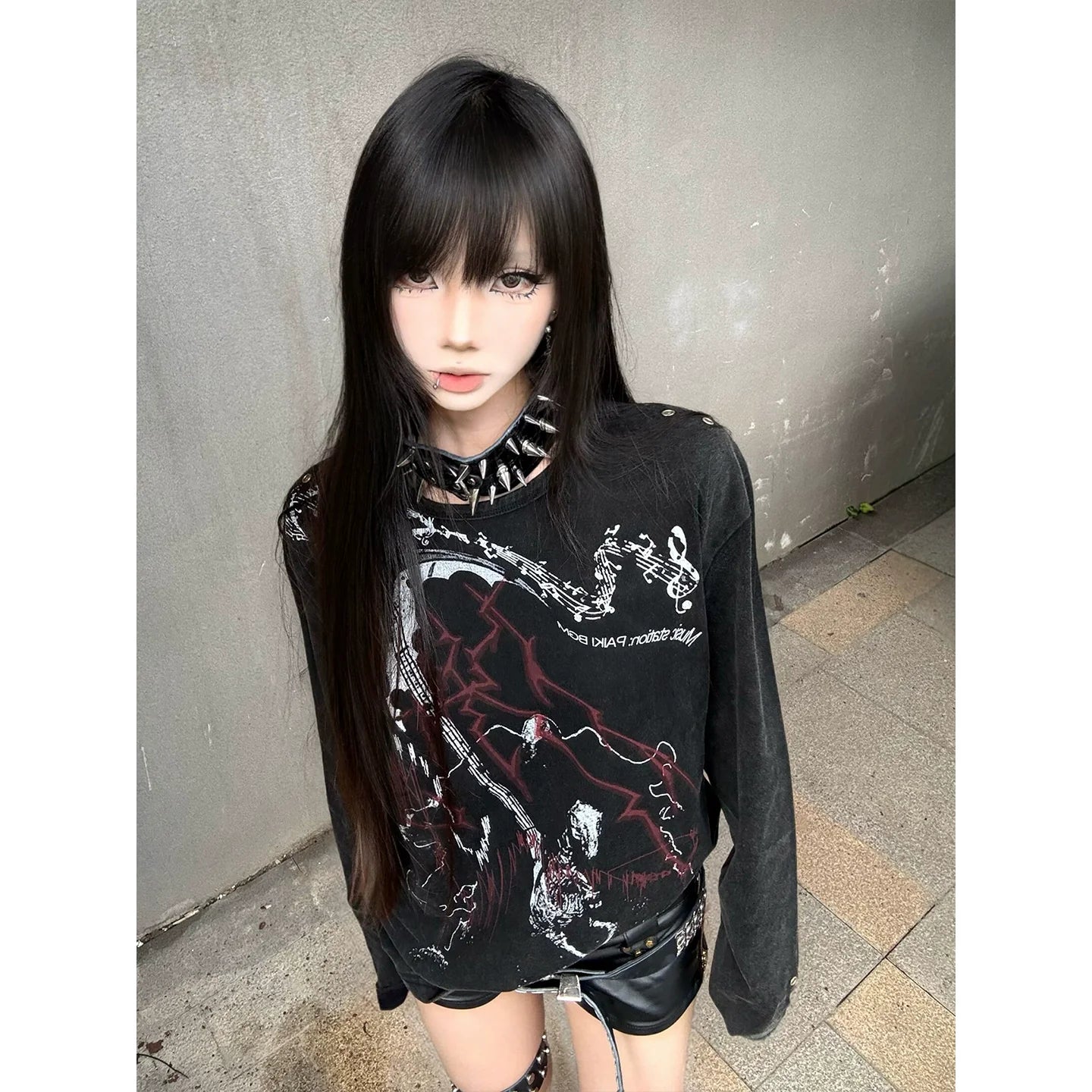 Y2K Subculture Vintage Wash Long Sleeve Tee Distressed Visual Kei Top