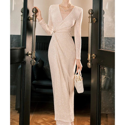 French Sequin Knit Long Sleeve Birthday Gown Dress