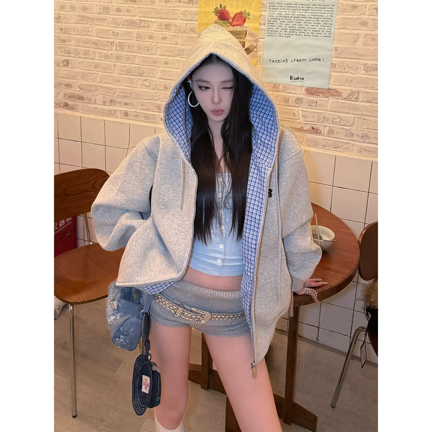 American Vintage Plaid Patchwork Hoodie Jacket 2025 Autumn-Winter Zip-Up Outerwear