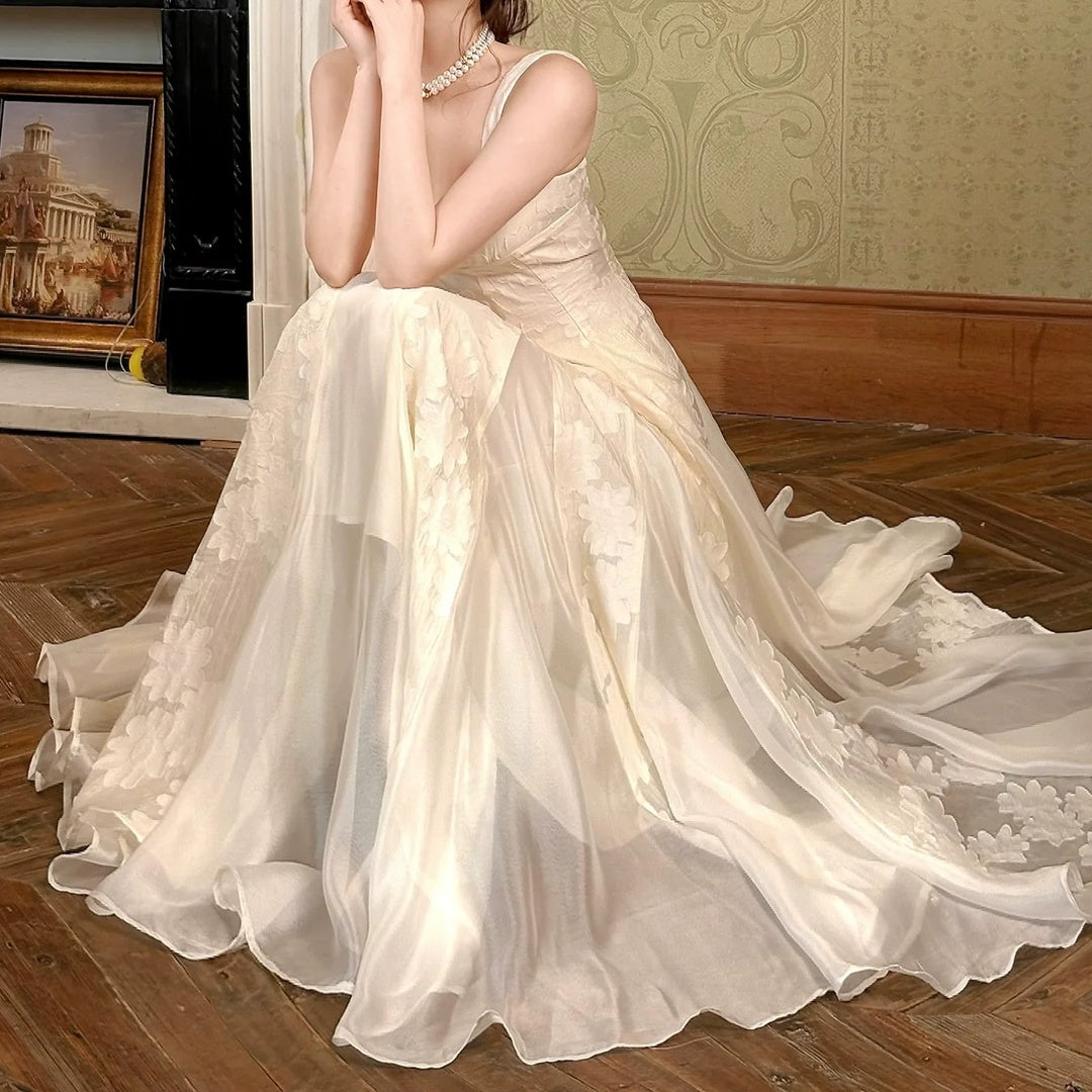 French Luxury Tulle Square Neck Gown Dress
