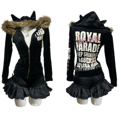 Cat-Ear Fur-Collar Hoodie Jacket [Spring-Autumn] Subculture Gothic Rock Punk Y2K Shibuya Girl Japanese Brand E-girl Jacket