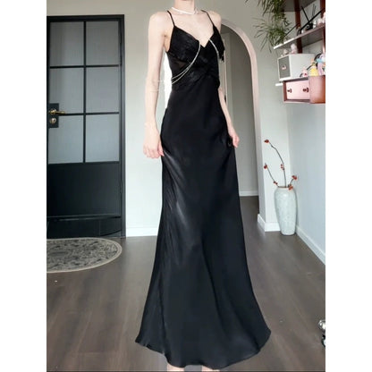 Audrey Hepburn Style Black Cross Satin Spaghetti Strap Gown Dress