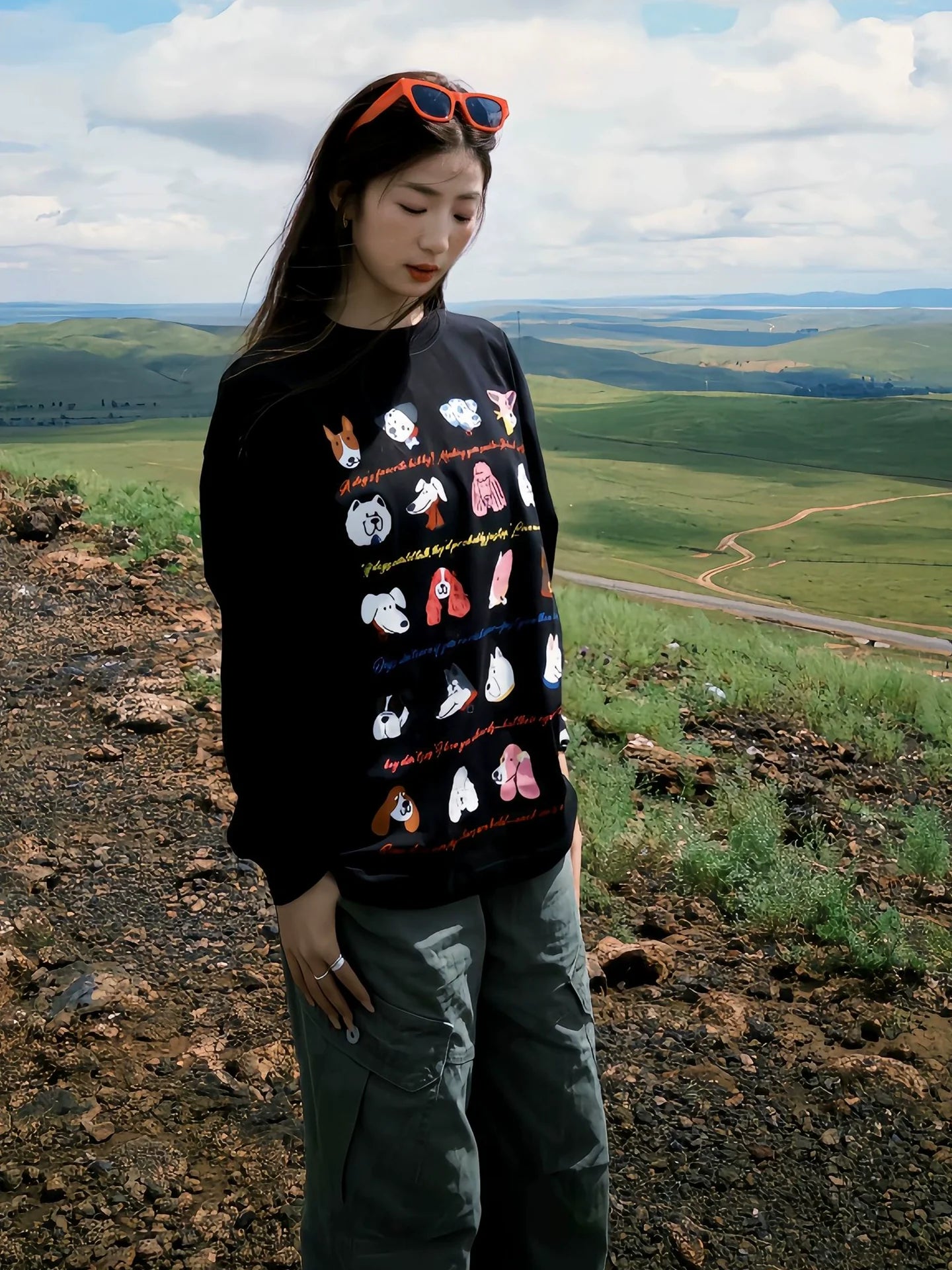 Korean Black Long Sleeve Tee Cute Puppy Print Relaxed Top