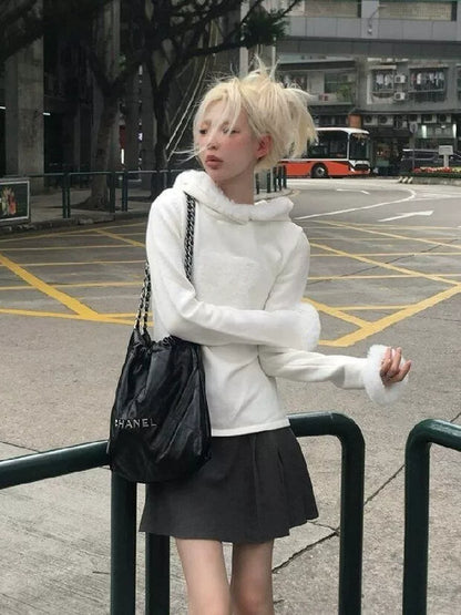 White Plush [German Velvet Warm] Subculture Y2K E-girl Abi American Retro Light Subculture Hooded Sweatshirt