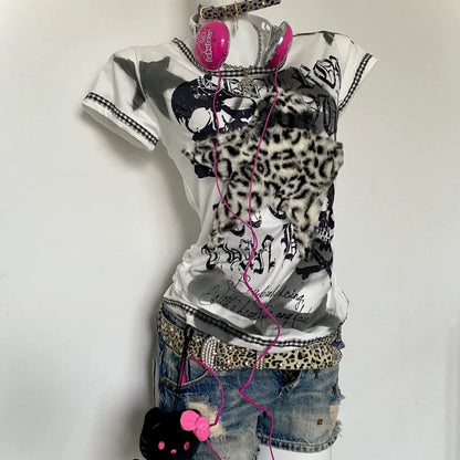 White Leopard Print Subculture Rock Punk Y2K E-girl Abi American Retro Slim Short Sleeve Top