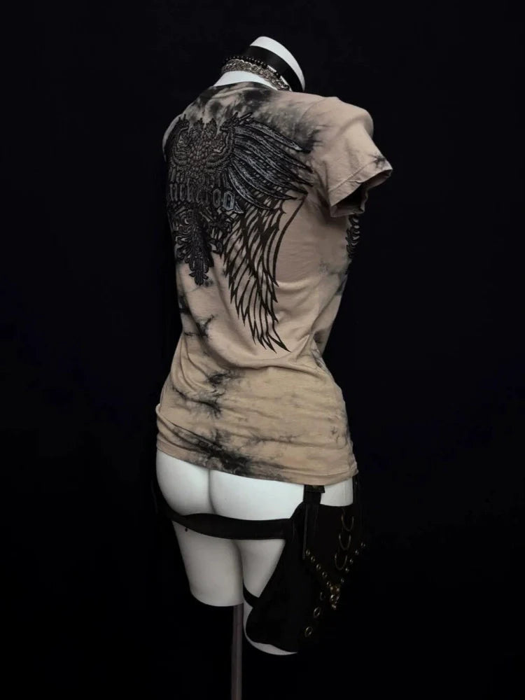 Spiked Wing Print Subculture Rock Punk Y2K Abi American Retro Waist-Cinched Short Sleeve Top