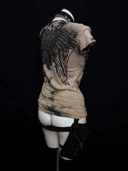 Spiked Wing Print Subculture Rock Punk Y2K Abi American Retro Waist-Cinched Short Sleeve Top