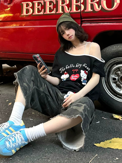 American Black Off-Shoulder Tee Kitty Print Loose Top