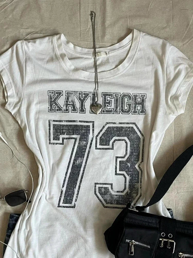 Retro White Subculture Y2K E-girl Abi American Vintage Sports Slim Short Sleeve Top