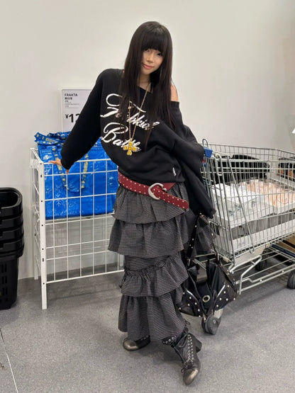 American Off-Shoulder Black Sweatshirt Vintage Letter Print Loose Top