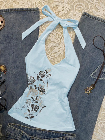 Blue American Vintage Rose Print Halter Y2K Tank Top