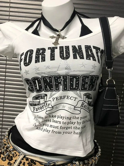 White Letter & Star Fake Two-Piece Tie Rock Punk Y2K T-Shirt